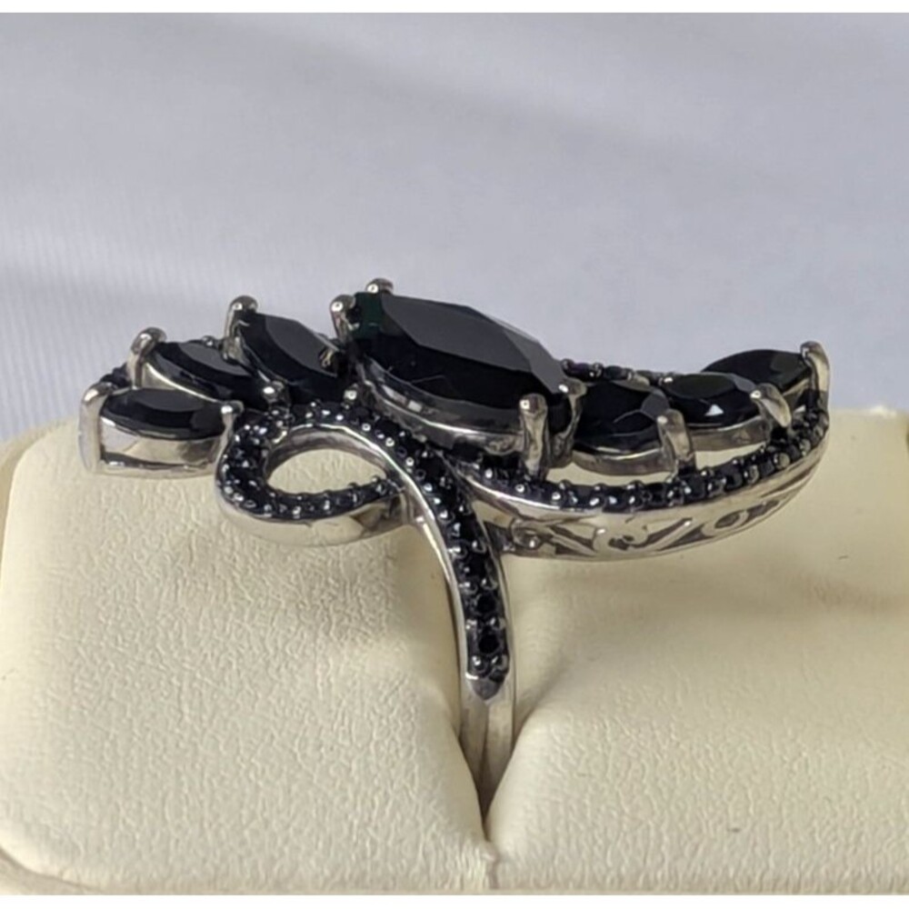 Black Spinel Cocktail Ring - Sterling Silver, Marquise, Swirl, Size 11 - Picture 2 of 6